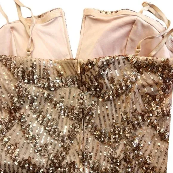 Emerald Sundae Gold Beige V-Wire Sequined Bodycon Dress Size Large - Picture 11 of 15